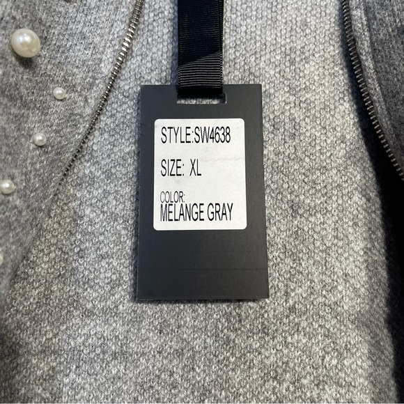 Oliver O Womens XL Melange Gray Beaded Pearl Zip Knit Sweater Wool Ribbed NWT - Picture 14 of 16